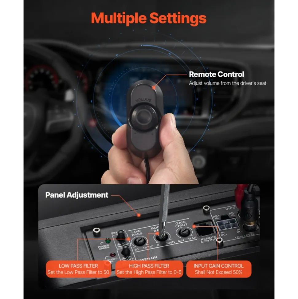 VEVOR 8" 240W Underseat Car Subwoofer, 120W RMS Rated Power Slim Powered Car Subwoofers Under the Seat, Low Profile Audio Sub Built-in Amplifier, High/Low Level Input & Volume Controller for SUVs, Car, Truck, RV