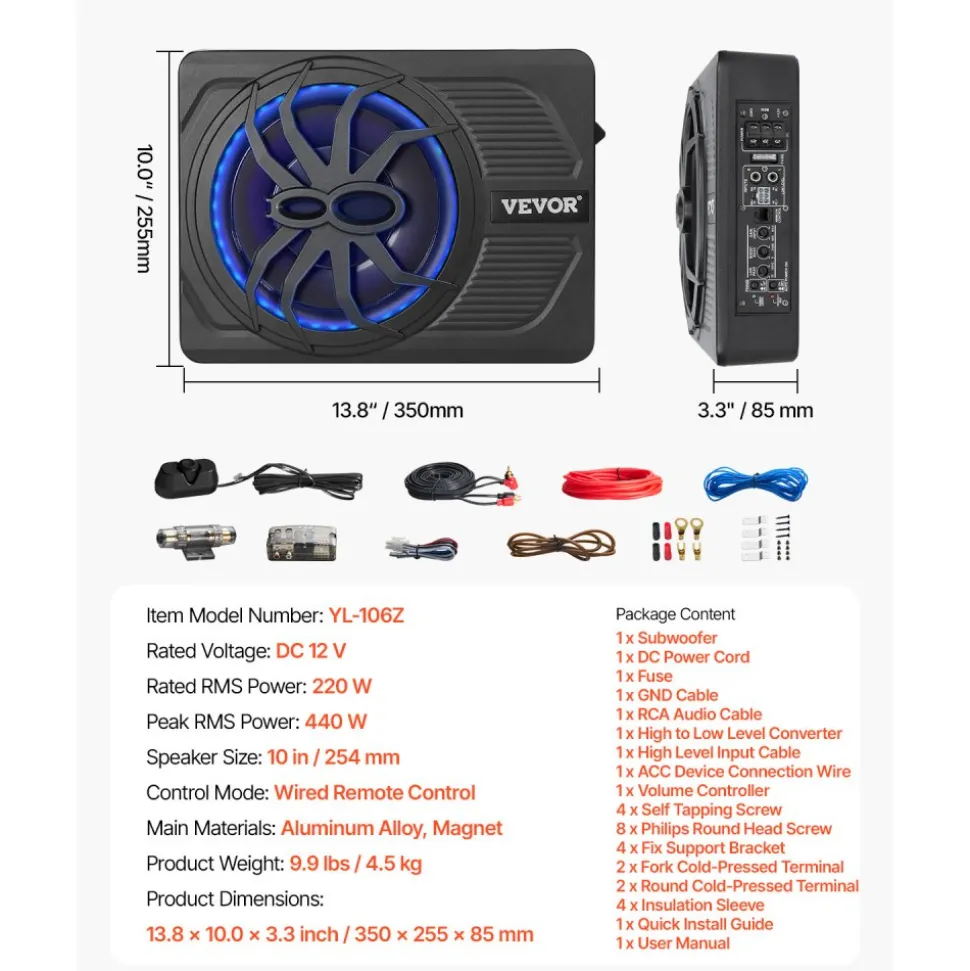 VEVOR 8" 240W Underseat Car Subwoofer, 120W RMS Rated Power Slim Powered Car Subwoofers Under the Seat, Low Profile Audio Sub Built-in Amplifier, High/Low Level Input & Volume Controller for SUVs, Car, Truck, RV