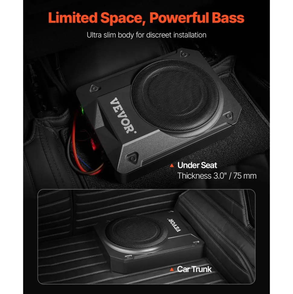 VEVOR 8" 800W Underseat Car Subwoofer, Slim Powered Car Subwoofers Under the Seat, Low Profile Audio Sub Built-in Amplifier, High/Low Level Input & Volume Controller for SUVs, Car, Truck, RV