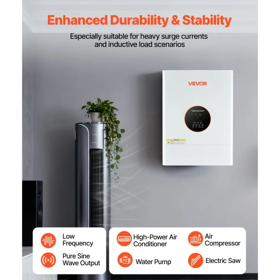 VEVOR 6000W 48V Hybrid Solar Inverter, 120V/240V Split Phase, Built-in 120A MPPT Solar Controller, Low Frequency Pure Sine Wave Power Inverter Charger, for Lead Acid Lithium Battery Off-Grid Systems
