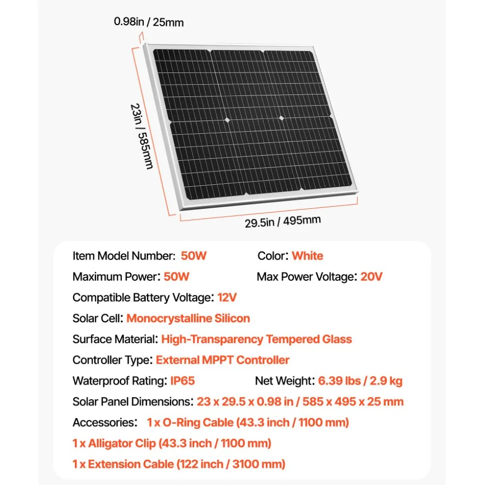 VEVOR 50W 12V Solar Battery Charger Maintainer, Mono Solar Panel Trickle Battery Charger with Upgraded MPPT Controller, IP65 Waterproof for Car Boat RV Trailer Flat Rooftop (Bracket Not Included)