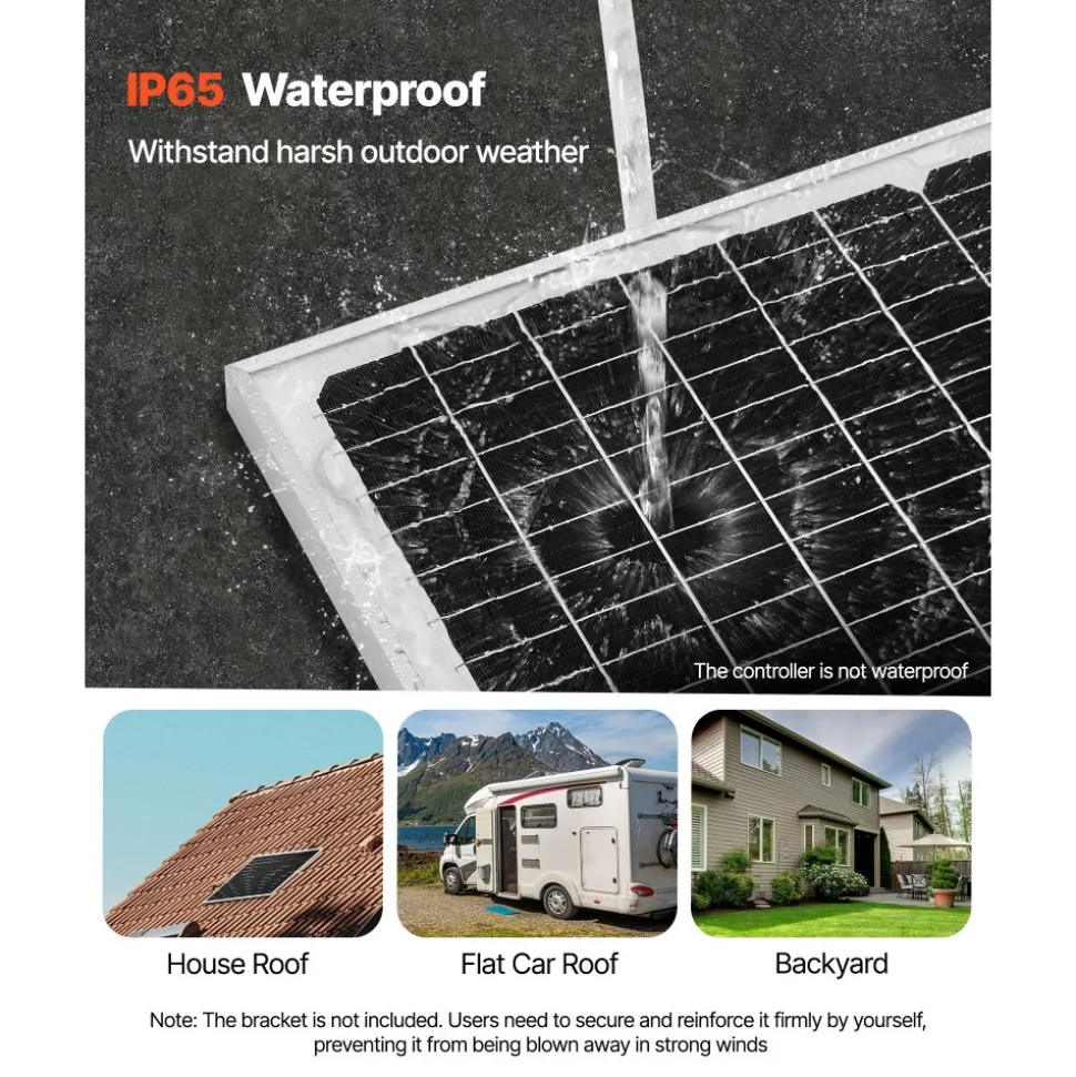 VEVOR 50W 12V Solar Battery Charger Maintainer, Mono Solar Panel Trickle Battery Charger with Upgraded MPPT Controller, IP65 Waterproof for Car Boat RV Trailer Flat Rooftop (Bracket Not Included)