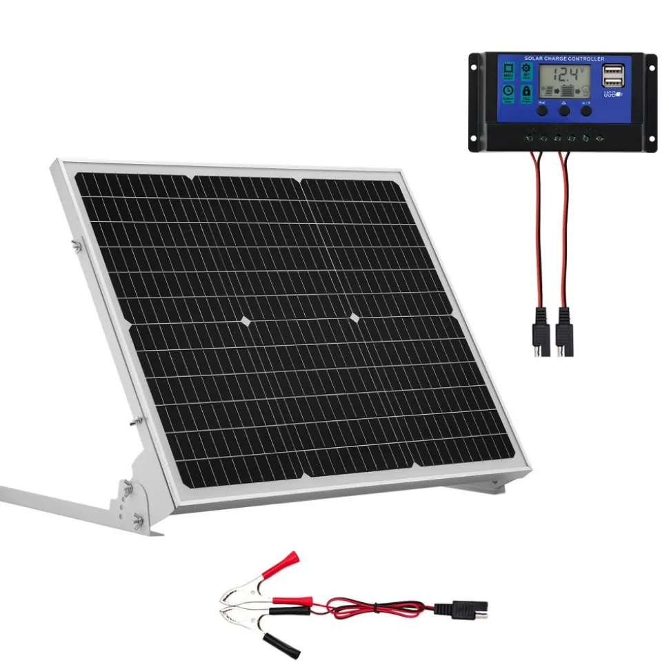 VEVOR 50W 12V Solar Battery Trickle Charger Maintainer, Mono Solar Panel Battery Charger with Upgraded MPPT Controller & Adjustable Mount Bracket, IP65 Waterproof for Car Boat RV Trailer House Roof