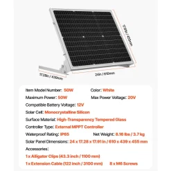 VEVOR 50W 12V Solar Battery Trickle Charger Maintainer, Mono Solar Panel Battery Charger with Upgraded MPPT Controller & Adjustable Mount Bracket, IP65 Waterproof for Car Boat RV Trailer House Roof