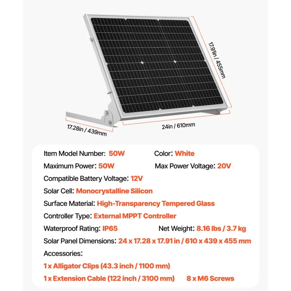 VEVOR 50W 12V Solar Battery Trickle Charger Maintainer, Mono Solar Panel Battery Charger with Upgraded MPPT Controller & Adjustable Mount Bracket, IP65 Waterproof for Car Boat RV Trailer House Roof