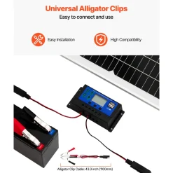 VEVOR 50W 12V Solar Battery Trickle Charger Maintainer, Mono Solar Panel Battery Charger with Upgraded MPPT Controller & Adjustable Mount Bracket, IP65 Waterproof for Car Boat RV Trailer House Roof