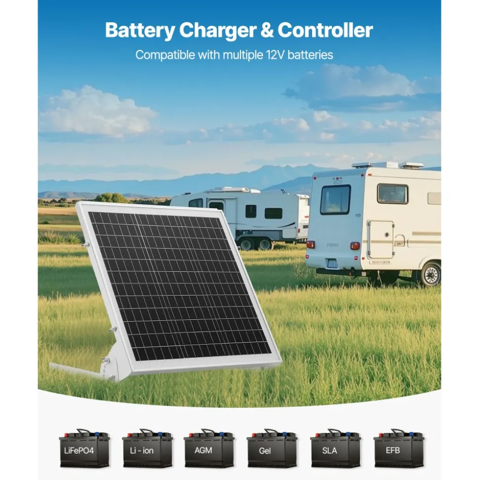 VEVOR 20W 12V Solar Battery Trickle Charger Maintainer, Mono Solar Panel Battery Charger with Built-in MPPT Controller & Adjustable Mount Bracket, IP65 Waterproof for Car Boat RV Trailer House Roof