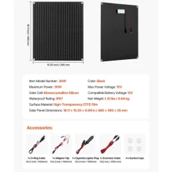 VEVOR 30W 12V Solar Panel Battery Charger, Solar Battery Trickle Charger Maintainer with Built-in Smart Controller & 3 Connection Cables, IP67 Waterproof Portable for RV Car Motorcycle Boat Van Camper