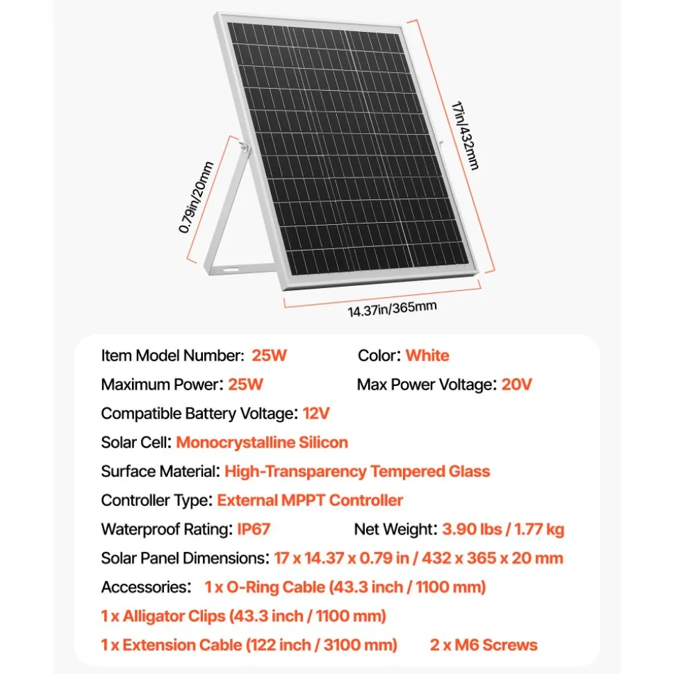 VEVOR 25W 12V Solar Panel Battery Charger, Solar Battery Trickle Charger Maintainer with Intelligent MPPT Controller & Adjustable Mount Bracket, IP67 Waterproof for Car Boat RV Motorcycle Trailer