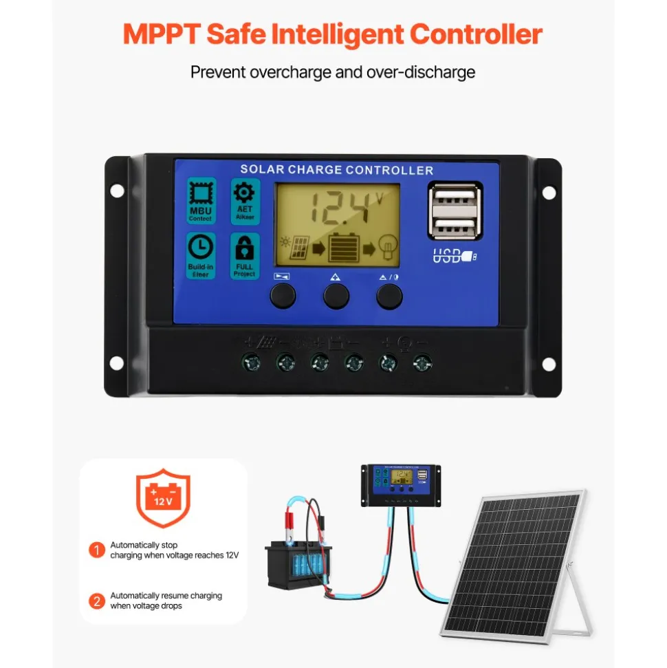 VEVOR 25W 12V Solar Panel Battery Charger, Solar Battery Trickle Charger Maintainer with Intelligent MPPT Controller & Adjustable Mount Bracket, IP67 Waterproof for Car Boat RV Motorcycle Trailer
