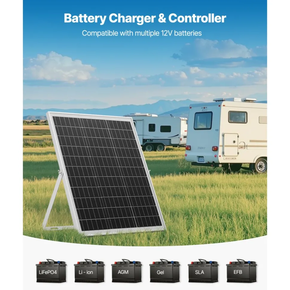 VEVOR 25W 12V Solar Panel Battery Charger, Solar Battery Trickle Charger Maintainer with Intelligent MPPT Controller & Adjustable Mount Bracket, IP67 Waterproof for Car Boat RV Motorcycle Trailer