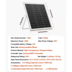 VEVOR 20W 12V Solar Panel Battery Charger, Solar Battery Trickle Charger Maintainer with Intelligent MPPT Controller & Adjustable Mount Bracket, IP67 Waterproof for Car Boat RV Motorcycle Trailer