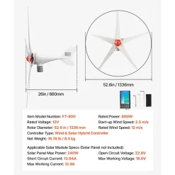 VEVOR 800W 12V Wind Turbine Generator, 5-Blade Wind Turbine Kit with Wind & Solar Hybrid Controller, Efficient 3-Phase AC Permanent Wind Power Generator for RV Boat Home Farm (Tower Pole Not Included)
