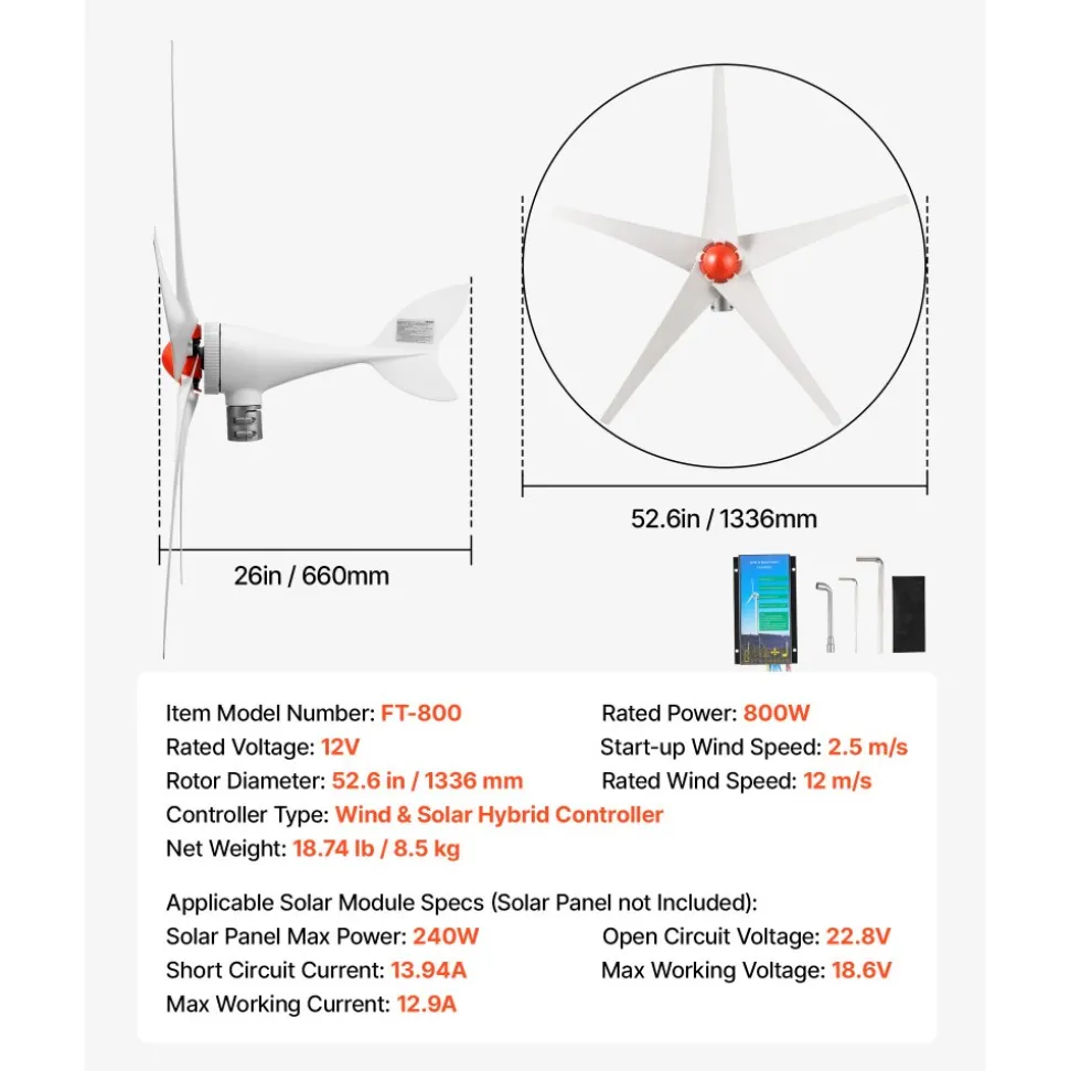 VEVOR 800W 12V Wind Turbine Generator, 5-Blade Wind Turbine Kit with Wind & Solar Hybrid Controller, Efficient 3-Phase AC Permanent Wind Power Generator for RV Boat Home Farm (Tower Pole Not Included)