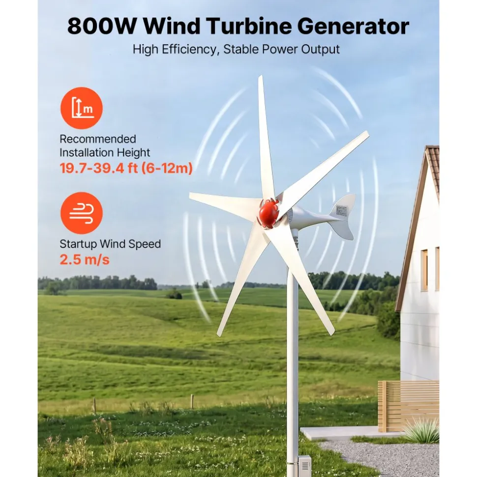 VEVOR 800W 12V Wind Turbine Generator, 5-Blade Wind Turbine Kit with Wind & Solar Hybrid Controller, Efficient 3-Phase AC Permanent Wind Power Generator for RV Boat Home Farm (Tower Pole Not Included)