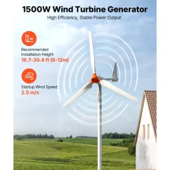 VEVOR 1500W 24V Wind Turbine Generator, 3-Blade Wind Turbine Kit with Wind/Solar Hybrid Controller, Efficient 3-Phase AC Permanent Wind Power Generator for RV Boat Home Farm (Tower Pole Not Included)