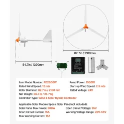 VEVOR 1500W 24V Wind Turbine Generator, 3-Blade Wind Turbine Kit with Wind/Solar Hybrid Controller, Efficient 3-Phase AC Permanent Wind Power Generator for RV Boat Home Farm (Tower Pole Not Included)