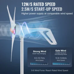 VEVOR 500W Wind Turbine Generator, 12V Wind Turbine Kit, 3-Blade Wind Power Generator with MPPT Controller, Adjustable Windward Direction & 2.5m/s Start Wind Speed, Suitable for Home, Farm, RVs, Boats