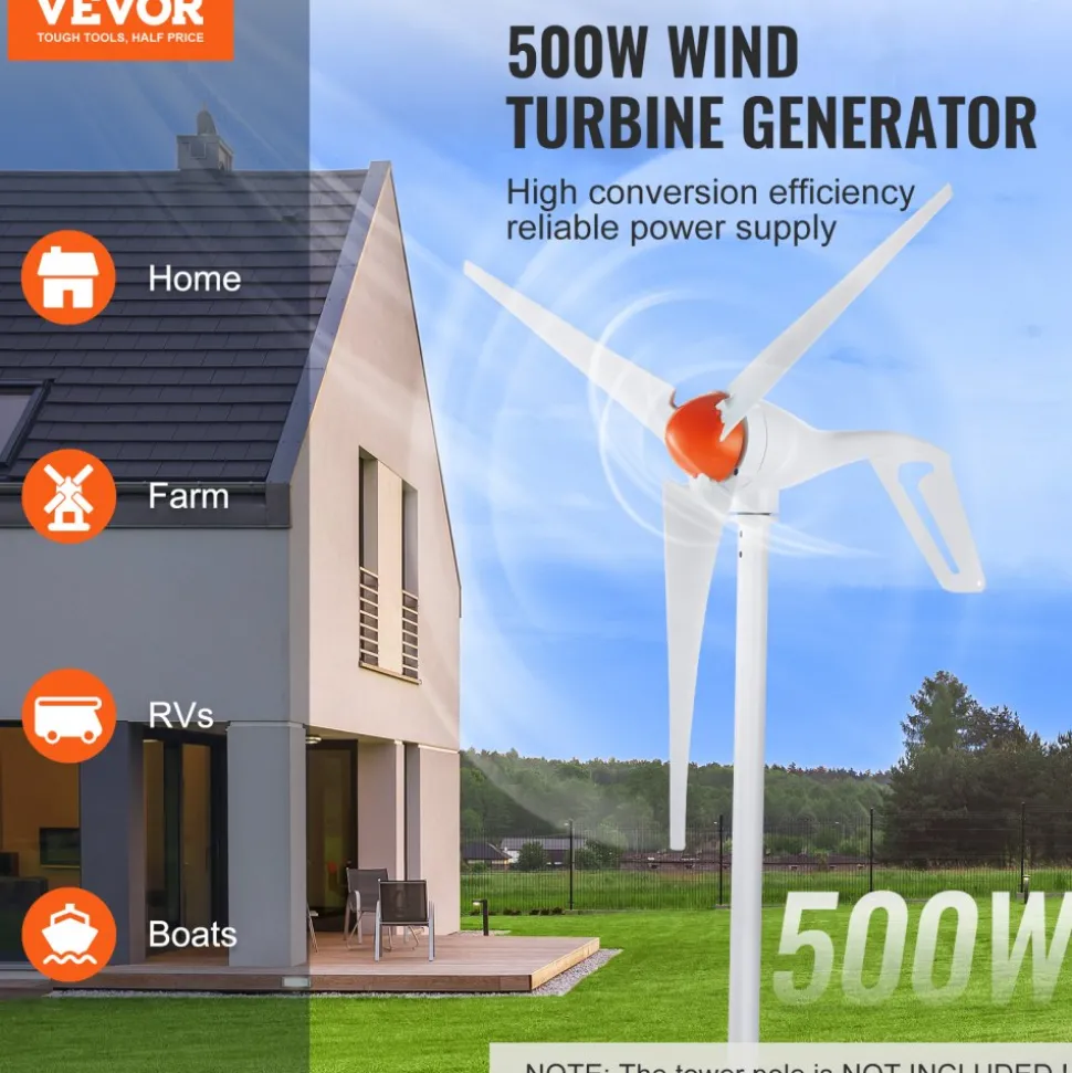 VEVOR 500W Wind Turbine Generator, 12V Wind Turbine Kit, 3-Blade Wind Power Generator with MPPT Controller, Adjustable Windward Direction & 2.5m/s Start Wind Speed, Suitable for Home, Farm, RVs, Boats