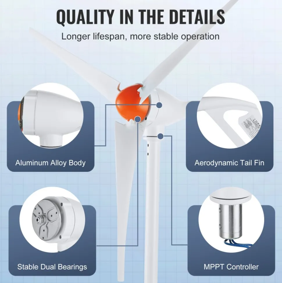 VEVOR 500W Wind Turbine Generator, 12V Wind Turbine Kit, 3-Blade Wind Power Generator with MPPT Controller, Adjustable Windward Direction & 2.5m/s Start Wind Speed, Suitable for Home, Farm, RVs, Boats