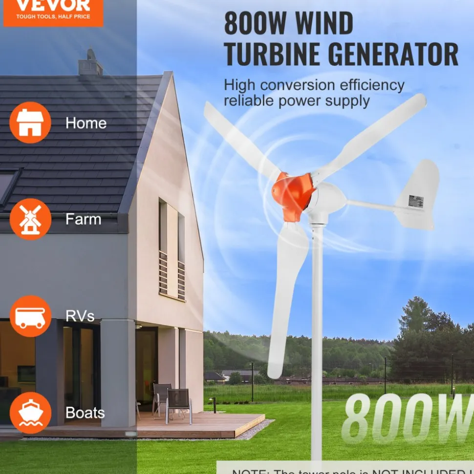 VEVOR 800W Wind Turbine Generator, 12V Wind Turbine Kit, 3-Blade Wind Power Generator with MPPT Controller, Adjustable Windward Direction & 2.5m/s Start Wind Speed, Suitable for Home, Farm, RVs, Boats