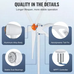 VEVOR 500W Wind Turbine Generator, 12V Wind Turbine Kit, 5-Blade Wind Power Generator with MPPT Controller, Adjustable Windward Direction & 2.5m/s Start Wind Speed, Suitable for Home, Farm, RVs, Boats