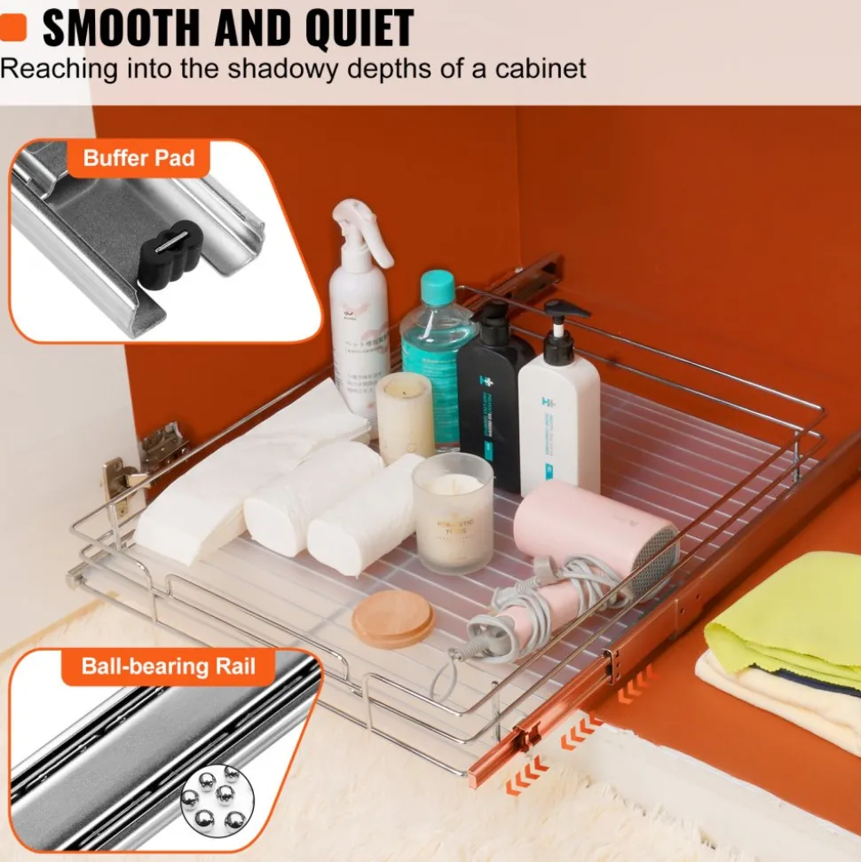 VEVOR 21.5"Wx21"Dx3.5"H Pull Out Cabinet Organizer, Heavy Duty Slide Out Pantry Shelves, Steel Roll Out Drawers, Sliding Drawer Storage for Home Under Sink, 23"Wx22"Dx7"H Install Size for Cabinet