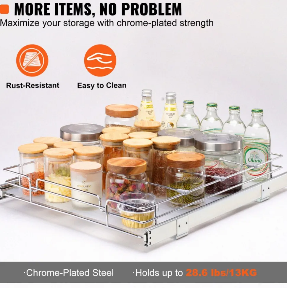 VEVOR 18.5"Wx21"Dx3.5"H Pull Out Cabinet Organizer, Heavy Duty Slide Out Pantry Shelves, Steel Roll Out Drawers, Sliding Drawer Storage for Home Under Sink, 20"Wx22"Dx7"H Install Size for Cabinet