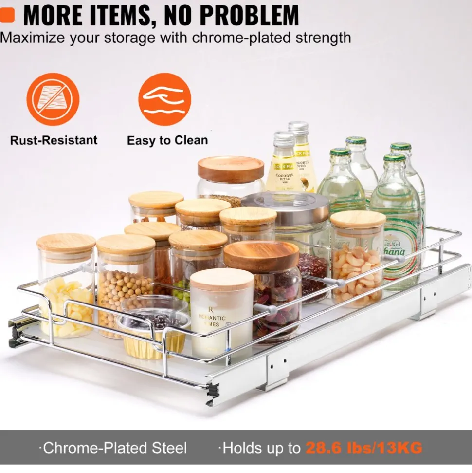 VEVOR 11"Wx21"Dx2.5"H Pull Out Cabinet Organizer, Heavy Duty Slide Out Pantry Shelves, Steel Roll Out Drawers, Sliding Drawer Storage for Home Under Sink, 13.5"Wx22"Dx7"H Install Size for Cabinet