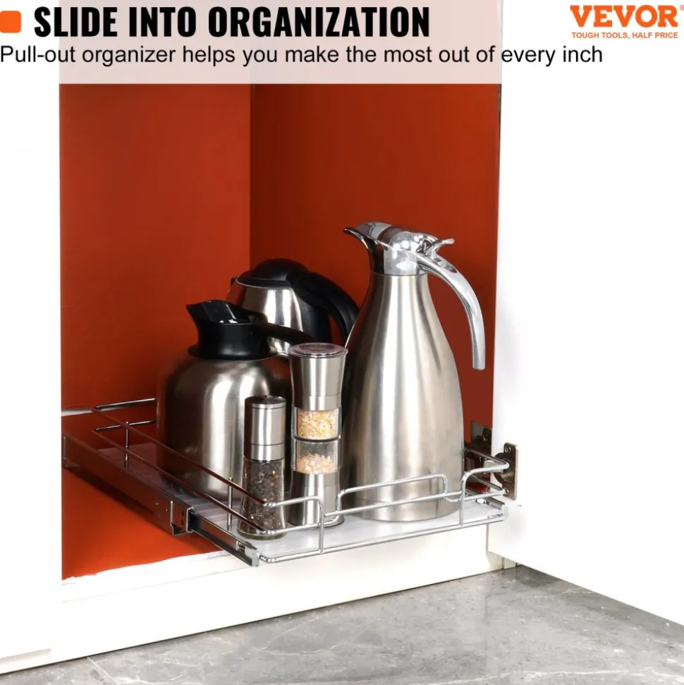 VEVOR 11"Wx21"Dx2.5"H Pull Out Cabinet Organizer, Heavy Duty Slide Out Pantry Shelves, Steel Roll Out Drawers, Sliding Drawer Storage for Home Under Sink, 13.5"Wx22"Dx7"H Install Size for Cabinet