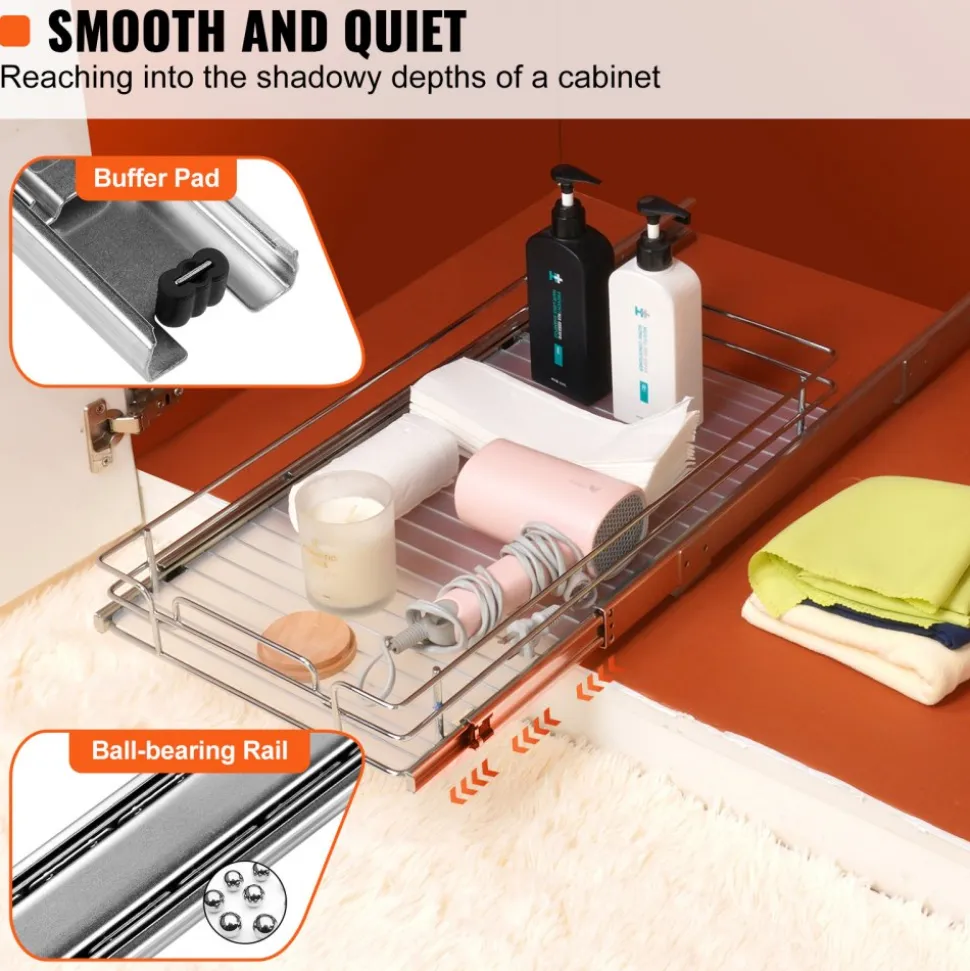 VEVOR 11"Wx21"Dx2.5"H Pull Out Cabinet Organizer, Heavy Duty Slide Out Pantry Shelves, Steel Roll Out Drawers, Sliding Drawer Storage for Home Under Sink, 13.5"Wx22"Dx7"H Install Size for Cabinet