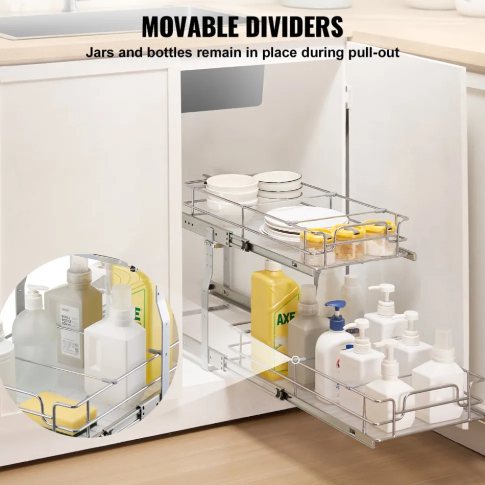 VEVOR 12"Wx21"Dx15"H Pull Out Cabinet Organizer, Heavy Duty Slide Out Pantry Shelves, Steel Roll Out Drawers, Sliding Drawer Storage for Home Under Sink, 13.5"Wx22"Dx18"H Install Size for Cabinet