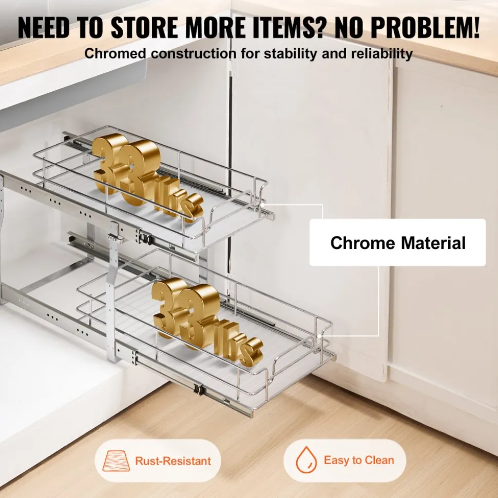 VEVOR 12"Wx21"Dx15"H Pull Out Cabinet Organizer, Heavy Duty Slide Out Pantry Shelves, Steel Roll Out Drawers, Sliding Drawer Storage for Home Under Sink, 13.5"Wx22"Dx18"H Install Size for Cabinet