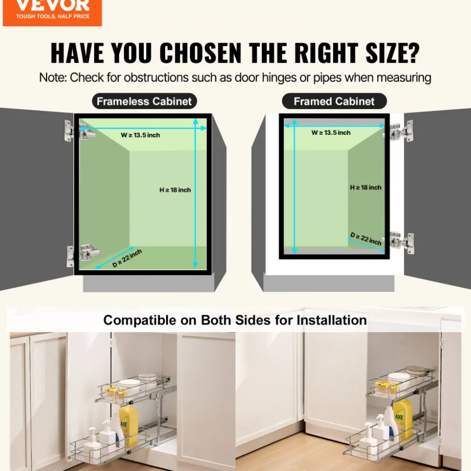VEVOR 12"Wx21"Dx15"H Pull Out Cabinet Organizer, Heavy Duty Slide Out Pantry Shelves, Steel Roll Out Drawers, Sliding Drawer Storage for Home Under Sink, 13.5"Wx22"Dx18"H Install Size for Cabinet