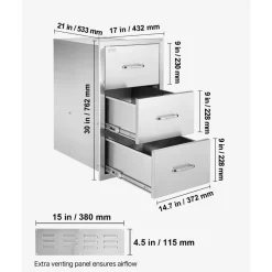 VEVOR 17W x 30H x 21D Inch Outdoor Kitchen Stainless Steel Double Access Drawers with Paper Towel Holder Combo for BBQ Island or Grill Station
