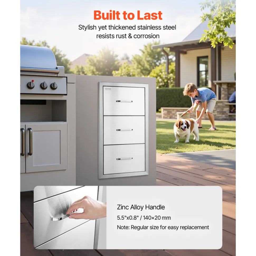 VEVOR 17W x 30H x 21D Inch Outdoor Kitchen Stainless Steel Double Access Drawers with Paper Towel Holder Combo for BBQ Island or Grill Station