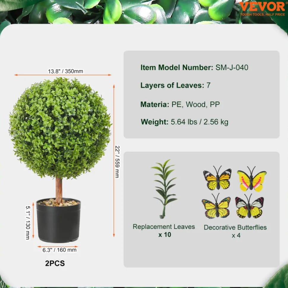 VEVOR 2x Artificial Boxwood Ball Ø40,6cm Garden Deco Boxwood in Flowerpot Ball Artificial Boxwood Ball Artificial Plant made of PE, Wood, PP incl. 4 pcs. Decorative butterflies and 10 pcs. Replacement