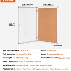 VEVOR 36"x24" Enclosed Cork Board with Aluminum Frame –  Lockable Bulletin Board with Acrylic Door & 2 Keys – Weather-Resistant Wall Display Case for School, Home, Office