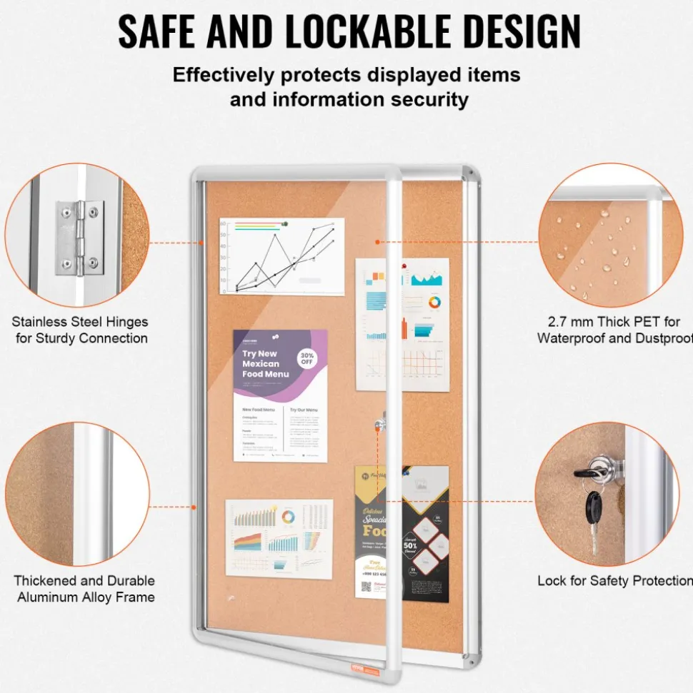 VEVOR 36"x24" Enclosed Cork Board with Aluminum Frame – Lockable Bulletin Board with Acrylic Door & 2 Keys – Weather-Resistant Wall Display Case for School, Home, Office