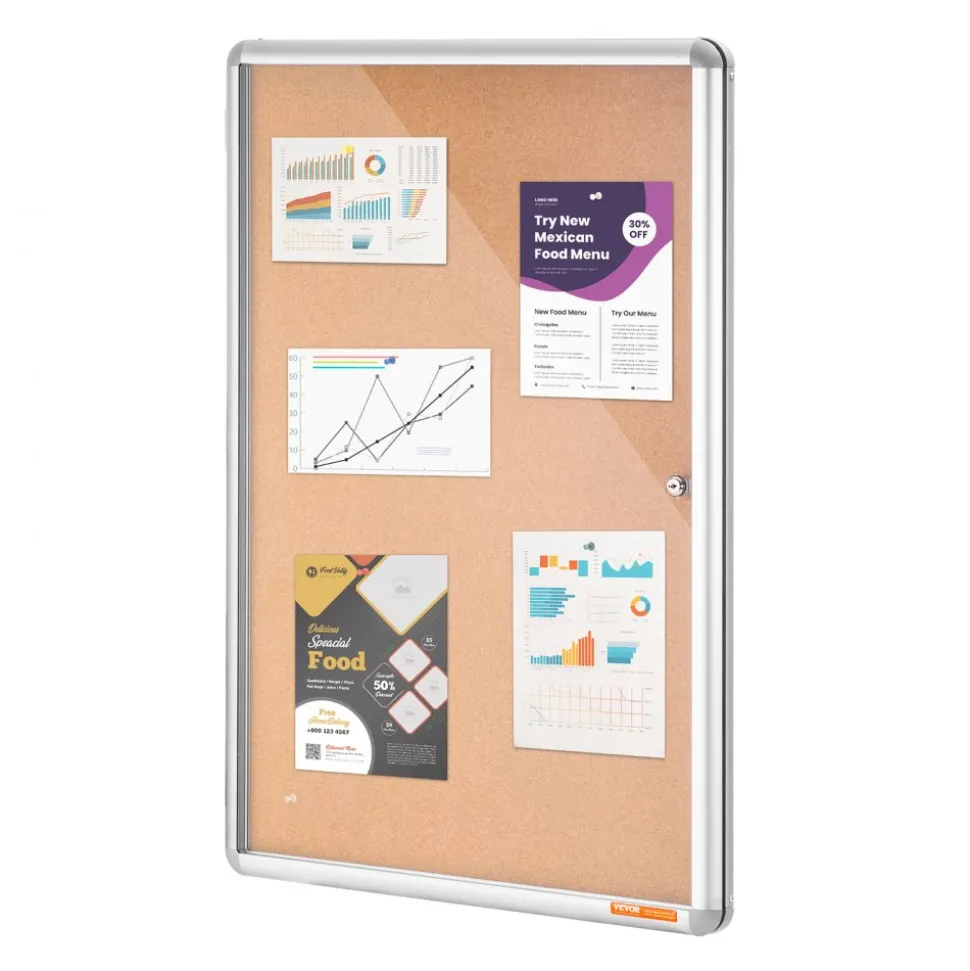 VEVOR 36"x24" Enclosed Cork Board with Aluminum Frame – Lockable Bulletin Board with Acrylic Door & 2 Keys – Weather-Resistant Wall Display Case for School, Home, Office