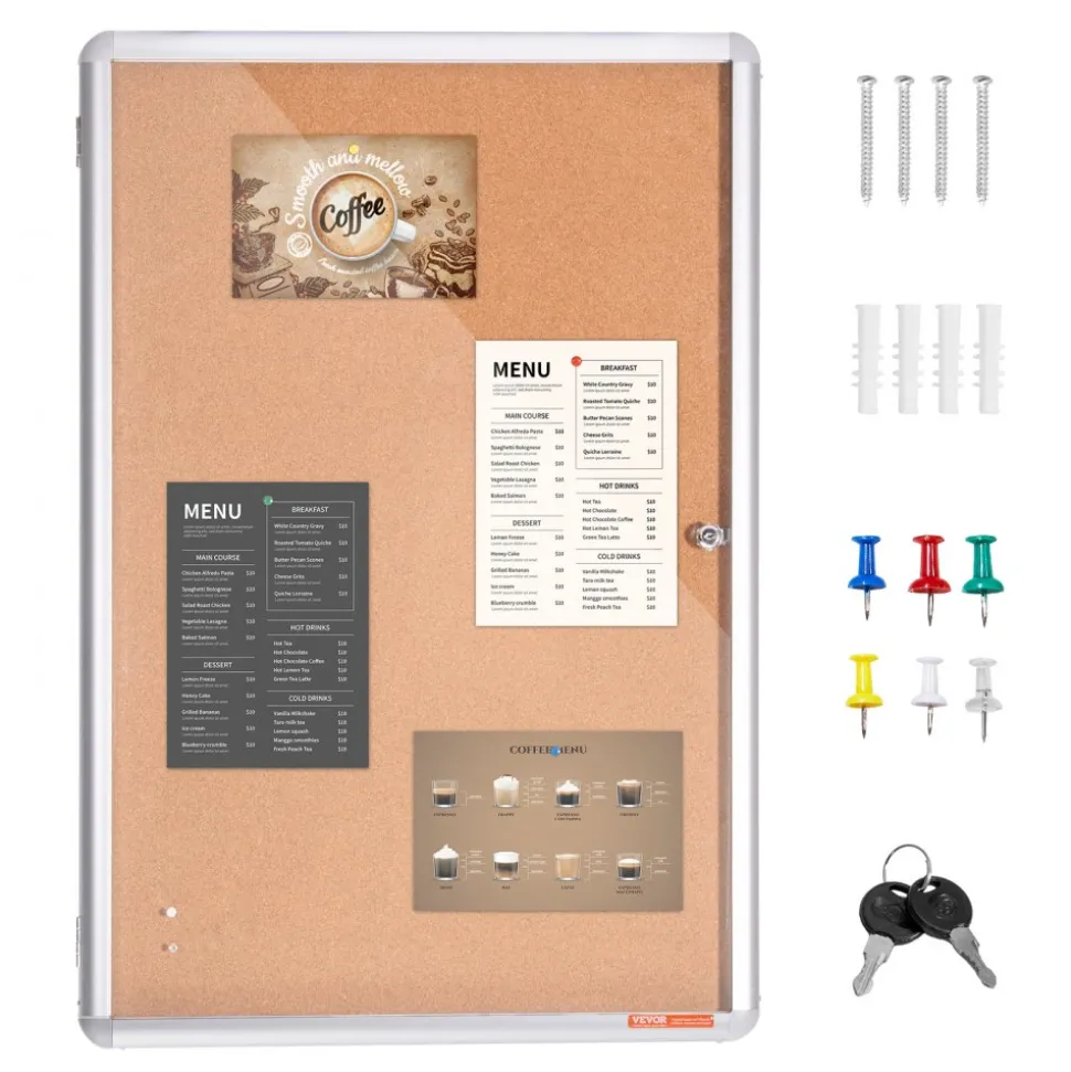 VEVOR 36"x24" Enclosed Cork Board with Aluminum Frame – Lockable Bulletin Board with Acrylic Door & 2 Keys – Weather-Resistant Wall Display Case for School, Home, Office