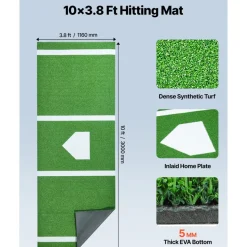 VEVOR 10x3.8 ft Baseball Softball Hitting Batting Mat, Indoor/Outdoor Anti-Slip Anti-Fade Softball Mat, Lined & Foam Backing Training Aid with Tightening Rope, Portable Practice Mats, Green