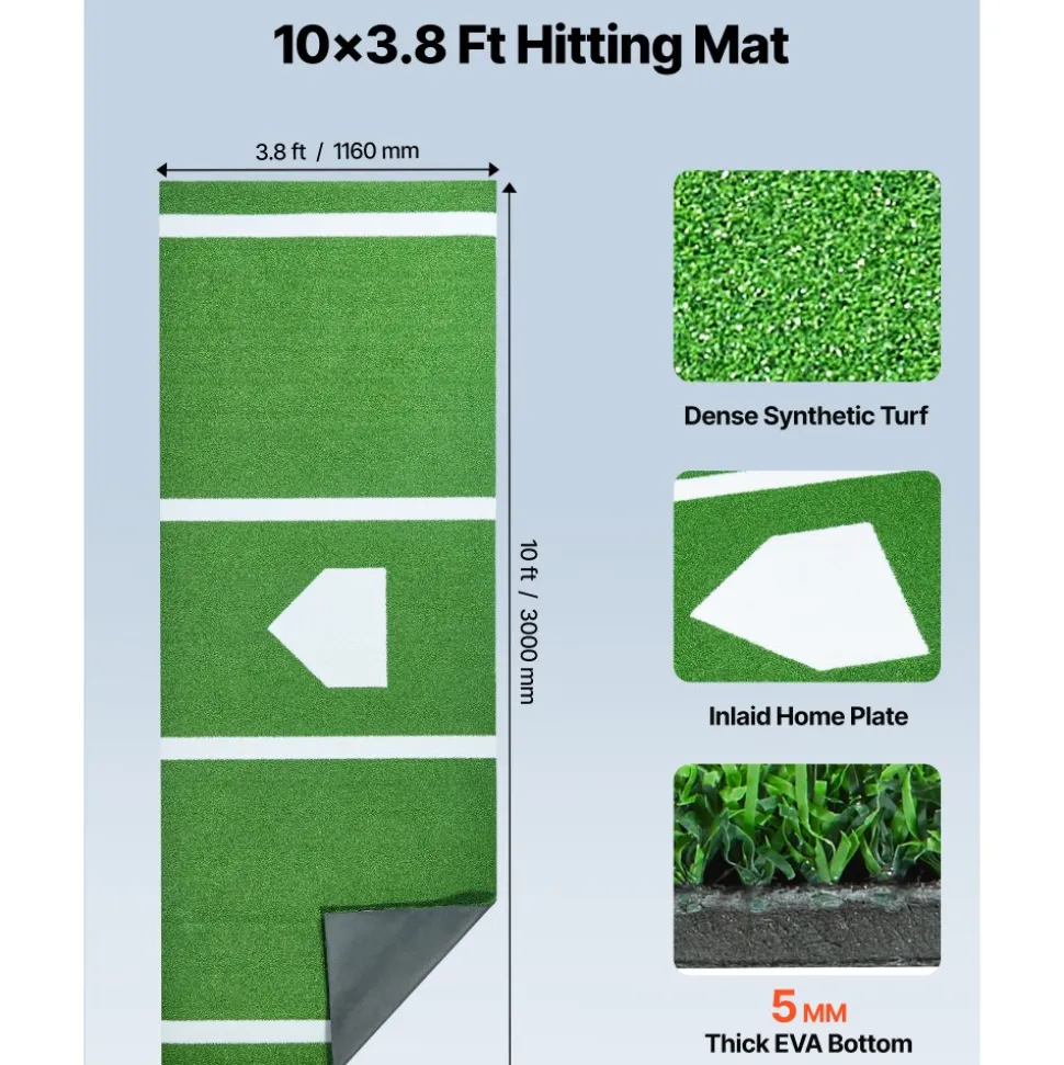 VEVOR 10x3.8 ft Baseball Softball Hitting Batting Mat, Indoor/Outdoor Anti-Slip Anti-Fade Softball Mat, Lined & Foam Backing Training Aid with Tightening Rope, Portable Practice Mats, Green