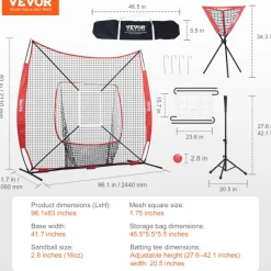 VEVOR 7x7 ft Baseball Softball Practice Net, Portable Baseball Training Net for Hitting Catching Pitching, Backstop Baseball Equipment with Bow Frame, Carry Bag, Strike Zone, Ball, Tee, Ball Collector