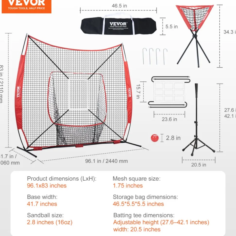 VEVOR 7x7 ft Baseball Softball Practice Net, Portable Baseball Training Net for Hitting Catching Pitching, Backstop Baseball Equipment with Bow Frame, Carry Bag, Strike Zone, Ball, Tee, Ball Collector