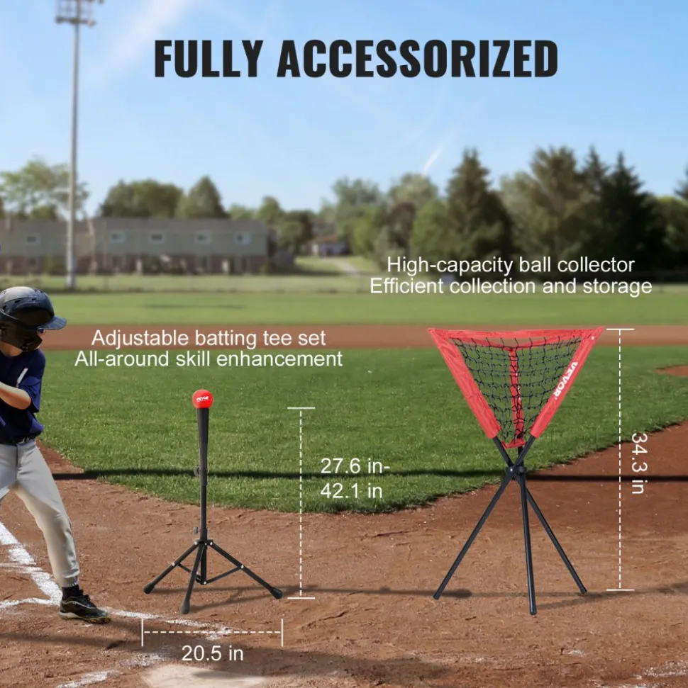 VEVOR 7x7 ft Baseball Softball Practice Net, Portable Baseball Training Net for Hitting Catching Pitching, Backstop Baseball Equipment with Bow Frame, Carry Bag, Strike Zone, Ball, Tee, Ball Collector