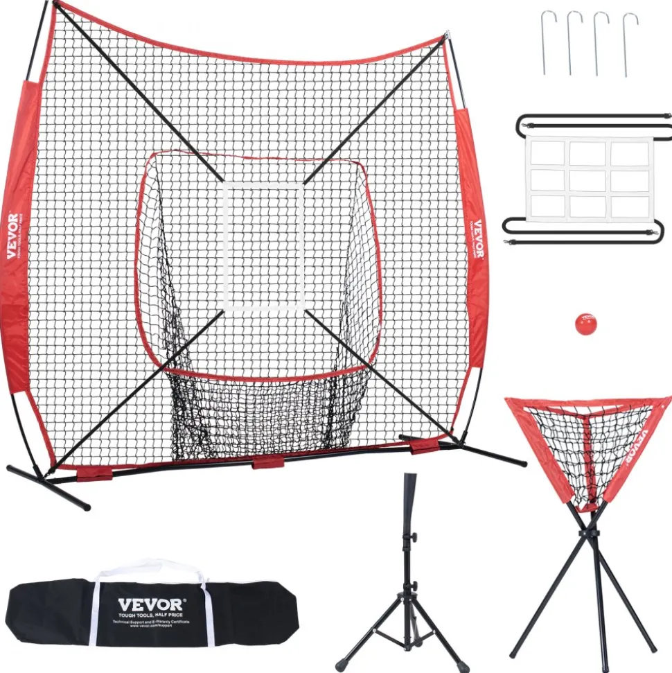 VEVOR 7x7 ft Baseball Softball Practice Net, Portable Baseball Training Net for Hitting Catching Pitching, Backstop Baseball Equipment with Bow Frame, Carry Bag, Strike Zone, Ball, Tee, Ball Collector