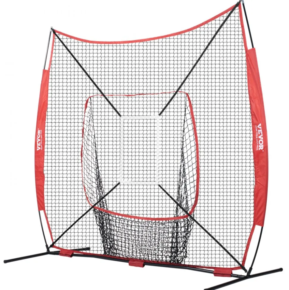 VEVOR 7x7 ft Baseball Softball Practice Net, Portable Baseball Training Net for Hitting Catching Pitching, Backstop Baseball Equipment with Bow Frame, Carry Bag, Strike Zone, Ball, Tee, Ball Collector