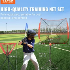 VEVOR 7x7 ft Baseball Softball Practice Net, Portable Baseball Training Net for Hitting Catching Pitching, Backstop Baseball Equipment with Bow Frame, Carry Bag, Strike Zone, Ball, Tee, Ball Collector
