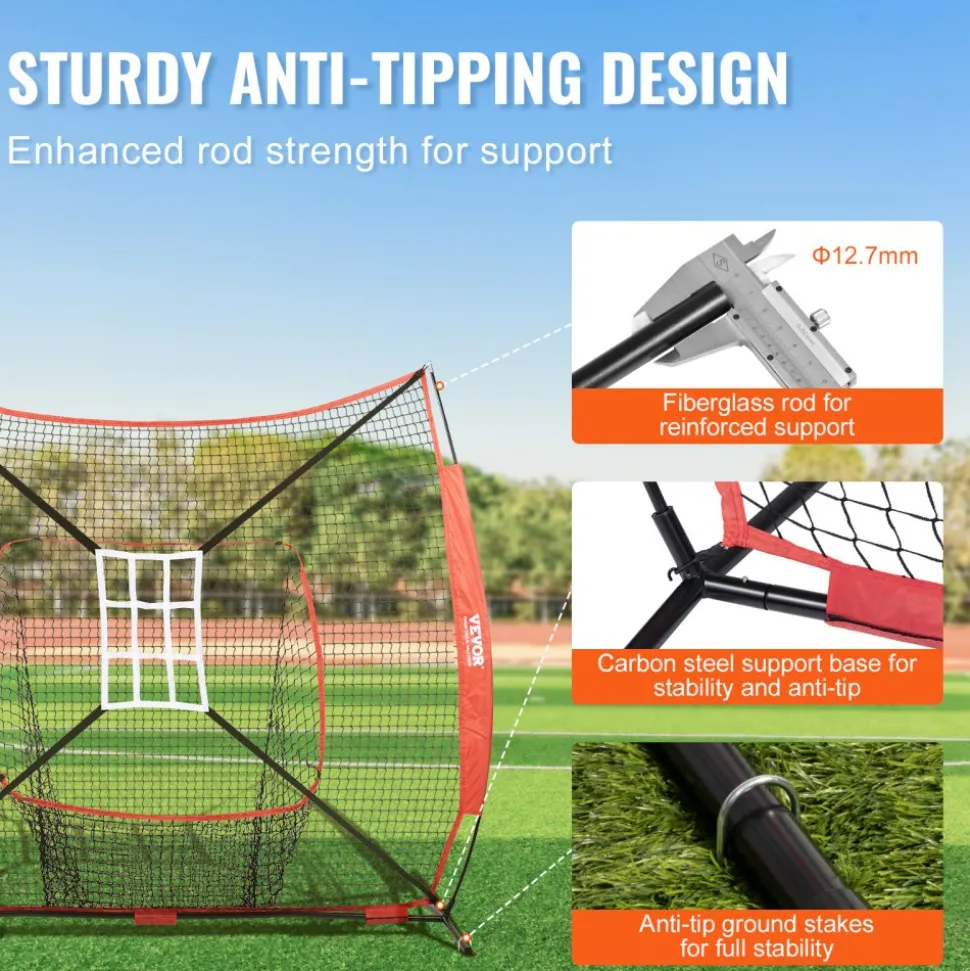 VEVOR 7x7 ft Baseball Softball Practice Net, Portable Baseball Training Net for Hitting Catching Pitching, Backstop Baseball Equipment with Bow Frame, Carry Bag, Strike Zone, Ball, Tee, Ball Collector